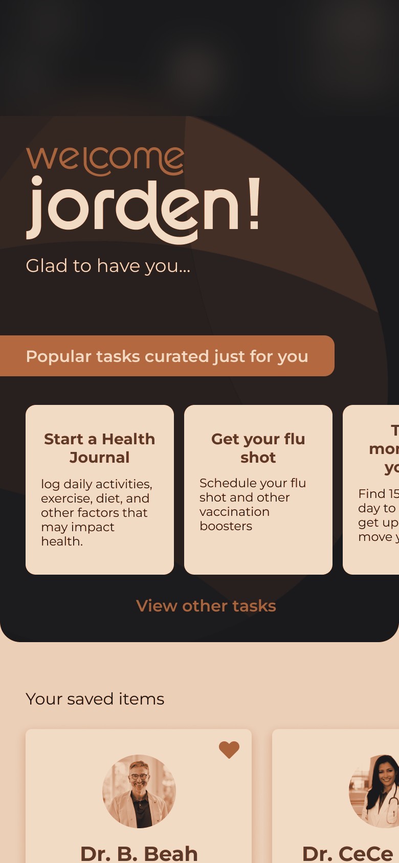 Patient home screen (branding redacted)