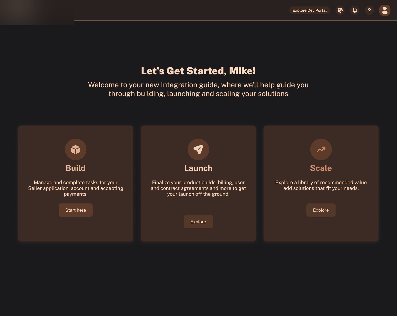 Developer portal home — Build, Launch, Scale (branding redacted)