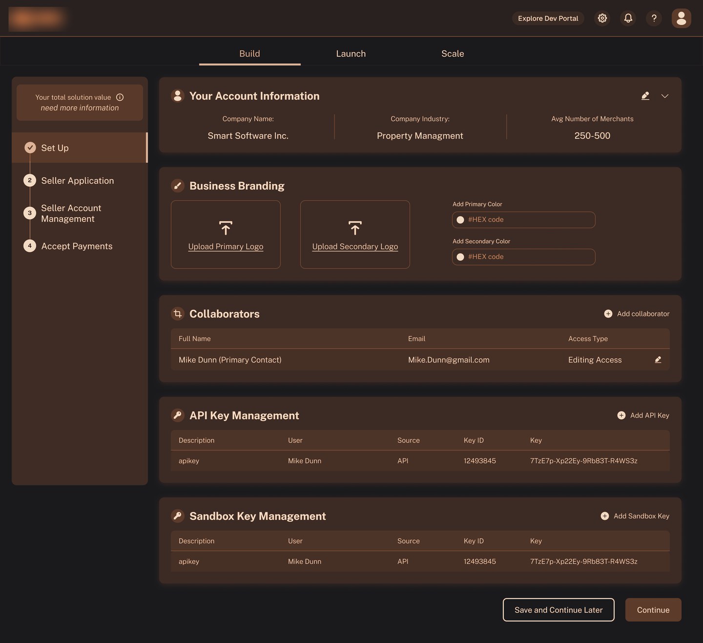 Account setup — business branding, collaborators, and API + sandbox key management (client branding redacted)