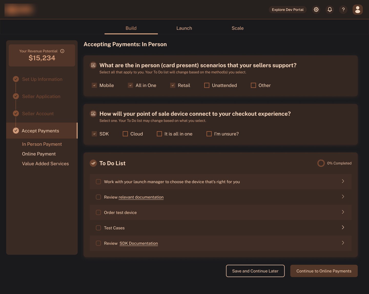 In-person payments configuration with an adaptive to-do list (client branding redacted)